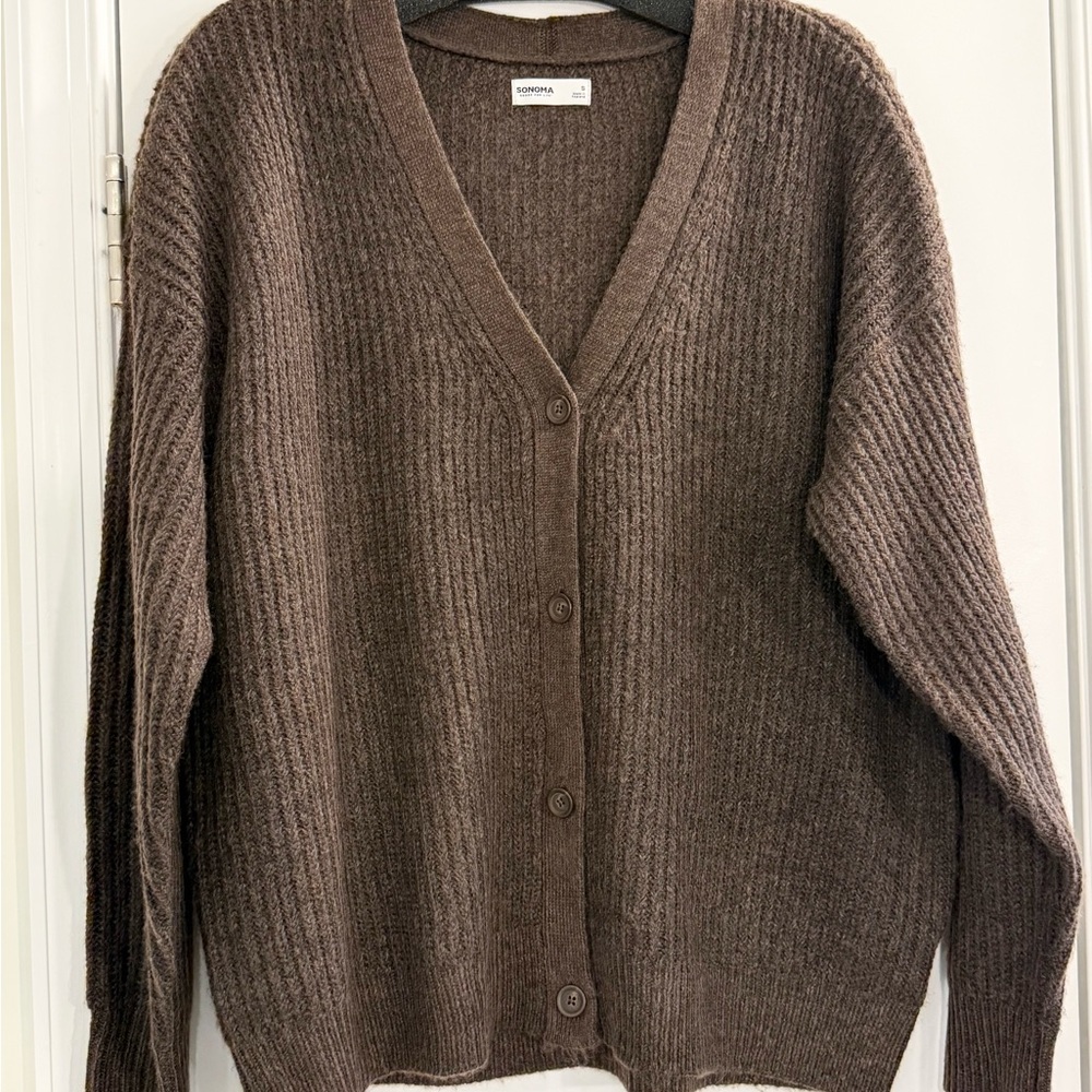 Oversized Brown Ribbed Knit Cardigan Cozy Soft Button Sweater Size S - Picture 3 of 5